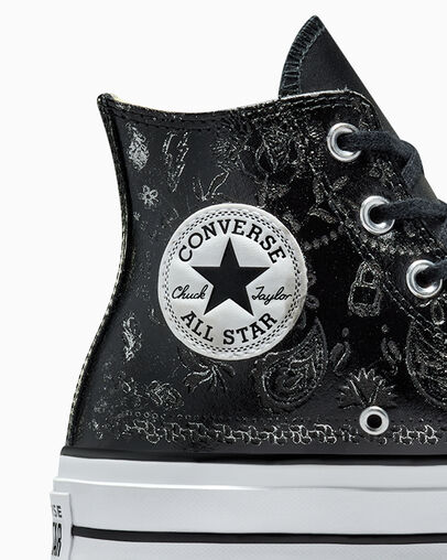 Chuck Taylor All Star Lift Platform Silver Paisley & Leather Roses noires, Detail Angle View
