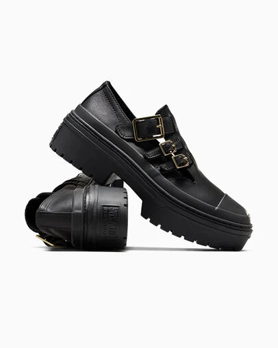 Chuck Taylor All Star Lugged Heel Mary Jane Platform Black/Black/Gold, Detail Angle View