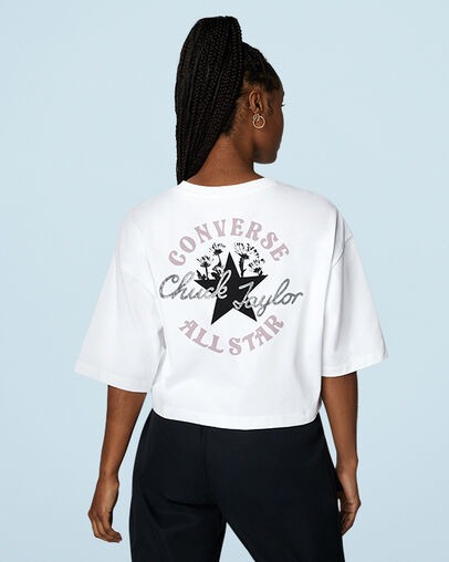 Chuck Inspired Hybrid Flower Oversized Cropped T-Shirt Wei&szlig;, Back View