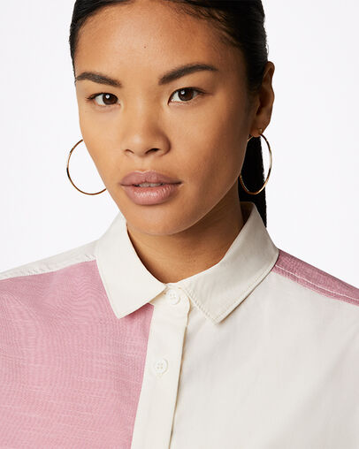 Color-Blocked Oversized Button Down Shirt Egret Multi, Detail View