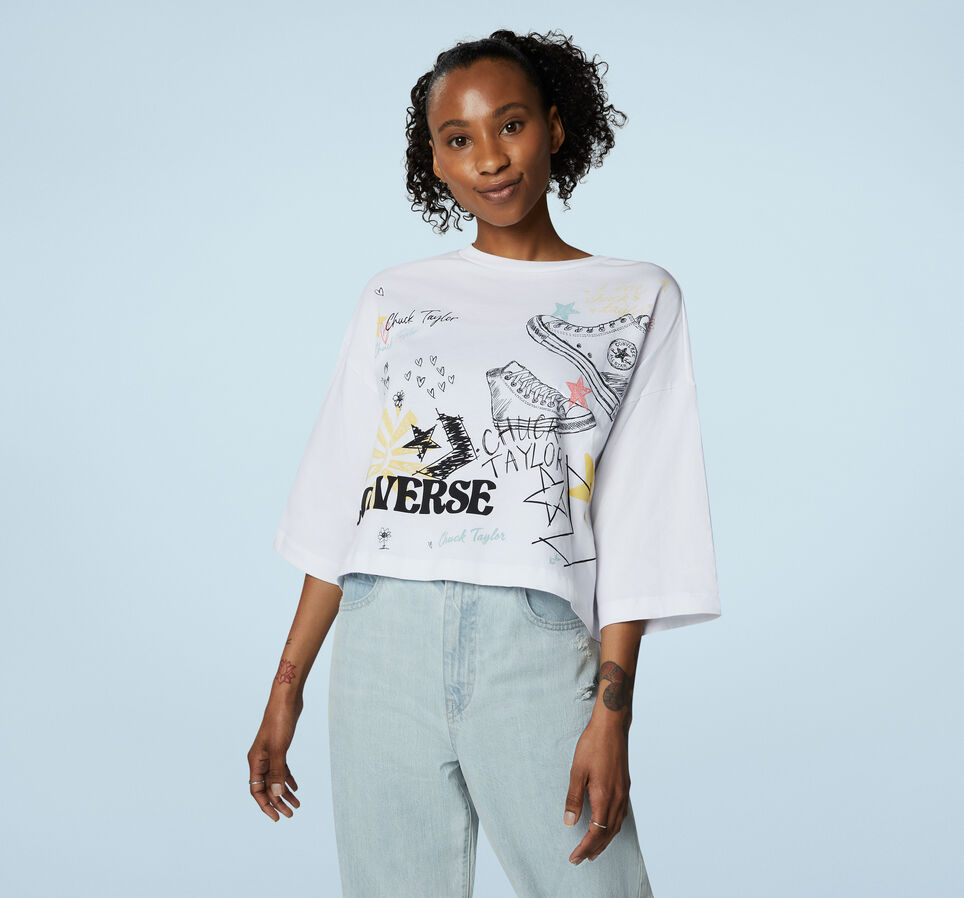 Notebook Doodle Oversized Cropped T-Shirt White