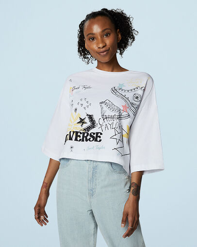 Notebook Doodle Oversized Cropped T-Shirt White, Front View
