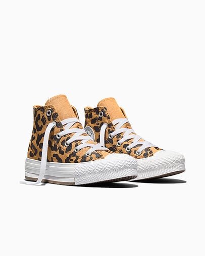 Chuck Taylor All Star EVA Lift Leopard Platform Honey Stick/Black/White, Top and Side View