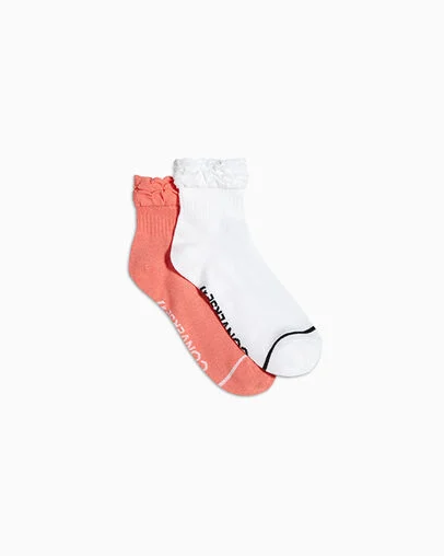 2-Pack Ruffled Quarter Socks White/Lotus Pink, Front View