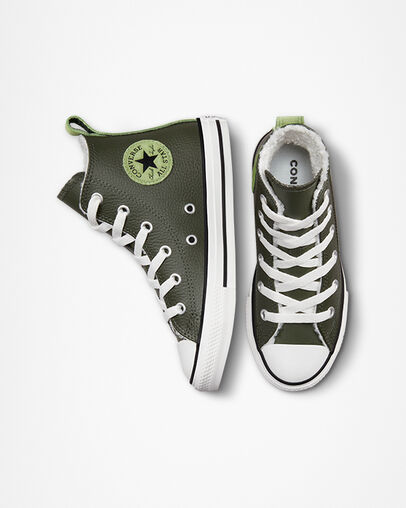 Chuck Taylor All Star Lined Leather Utility Green/Aloe Green, Top and Side View
