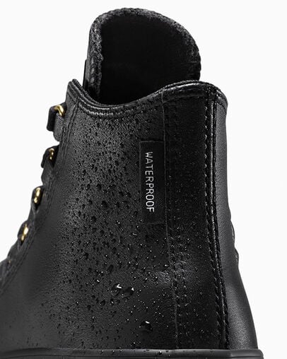 Chuck Taylor All Star Lugged Heel Platform Waterproof Leather Black/Black/Gold, Detail Angle View