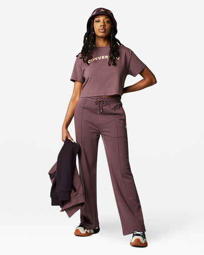 Puff Logo Cropped Crew Neck T-Shirt Dark Wine, Full Body View