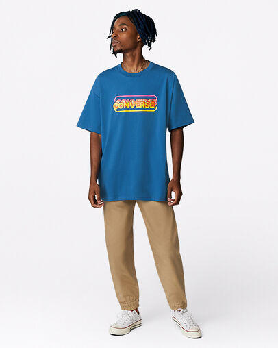 Arcade Retro Graphic Crew Neck T-Shirt Dark Marina Blue, Full Body View