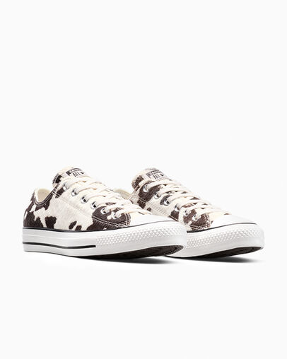 Chuck Taylor All Star Cow Print Pony Hair Egret/Mudguard/Black, Top and Side View