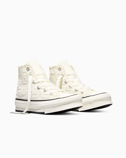 Chuck Taylor All Star EVA Lift Platform Floral Crochet Egret/Black/Egret, Top and Side View