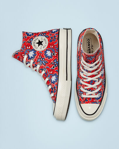 Chuck 70 Paisley Print Habanero Red/Egret/Rush Blue, Top and Side View
