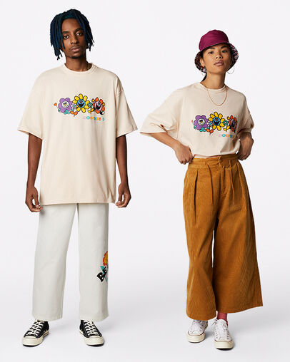 T-shirt ample &agrave; motif Stay Smiling Ivoire naturel, Full Body View