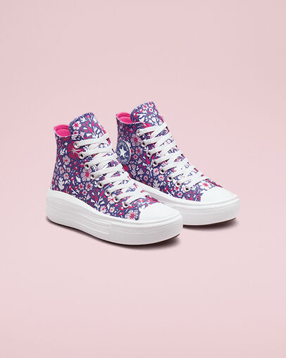 Chuck Taylor All Star Move Platform Paper Floral Washed Indigo/Pink Zest/White, Angled View