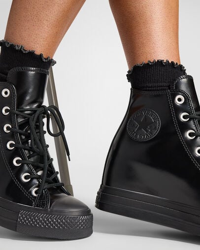 Chuck Taylor All Star Wedge Platform Leather Negro/Negro/Negro, Reflective View