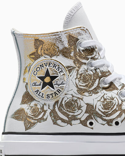 Chuck Taylor All Star Lift Platform Gold Roses & Leather Blanc et roses dor&eacute;es, Detail Angle View