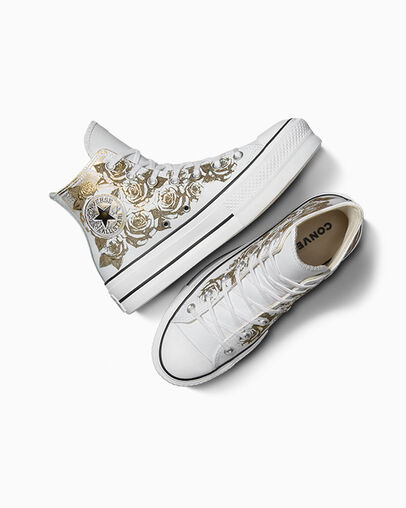 Chuck Taylor All Star Lift Platform Gold Roses & Leather Blanc et roses dor&eacute;es, Angled View