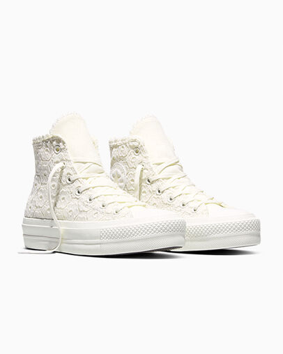 Chuck Taylor All Star Lift Platform Crochet Egret/Egret/Vintage White, Top and Side View