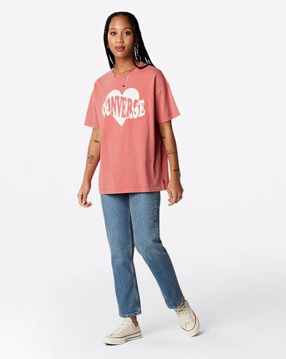 Tee-shirt Vintage Wash Heart Oversized Terre cuite rose, Full Body View
