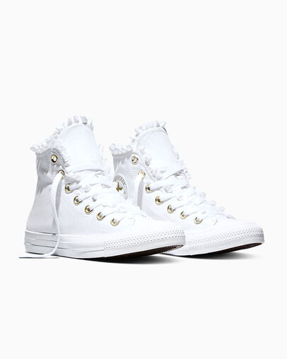 Chuck Taylor All Star Frills White/Metallic Light Gold, Top and Side View
