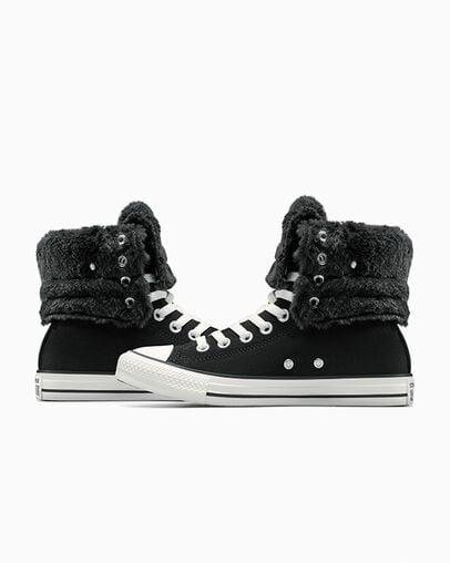 Chuck Taylor All Star Fold Over XHi Faux Fur Black/Black/Egret, Detail Angle View