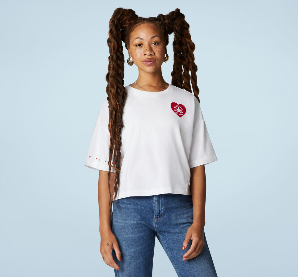 Embroidered Heart Boxy Crew Neck T-Shirt White
