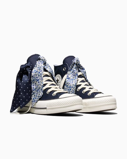 Chuck Taylor All Star Lift Platform Scarf Bow Obsidian Blue/Egret/No Shade Grey, Top and Side View
