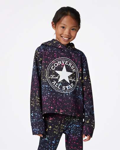 Korte hoodie met print over het gehele oppervlak Zwart, Full Body View