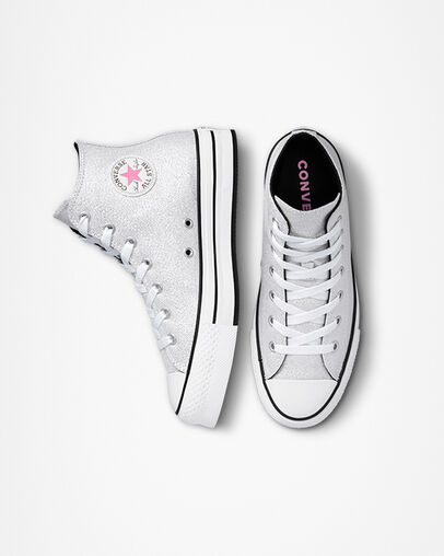 Chuck Taylor All Star Lift Platform Glitter Wei&szlig;/Silber/Pink, Top and Side View
