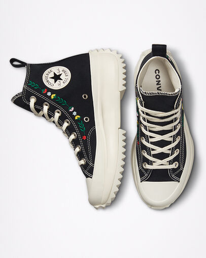 Run Star Hike Platform Floral Embroidery Nero/Egret/Midnight Clover, Top and Side View