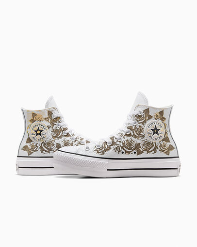 Chuck Taylor All Star Lift Platform Gold Roses & Leather Blanc et roses dor&eacute;es, Detail Angle View