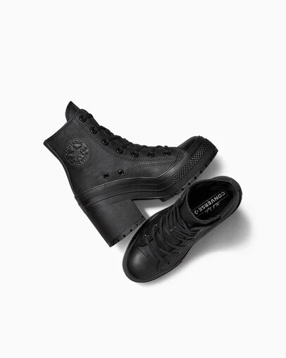 Chuck 70 De Luxe Heel Leather Black/Black/White, Angled View