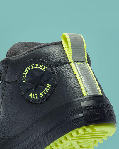 Leather & Reflective Chuck Taylor All Star Street Boot Almost Black/Lemon Venom/Black, Detail Angle View