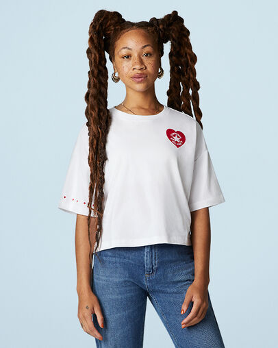 Embroidered Heart Boxy Crew Neck T-Shirt White, Front View