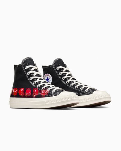 Converse x Comme des Garçons PLAY Chuck 70 Multi Heart Black/High Risk Red/Egret, Top and Side View