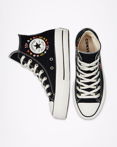 It's Okay To Wander Platform Chuck Taylor All Star Zwart/Vintage White/Multi, Top and Side View