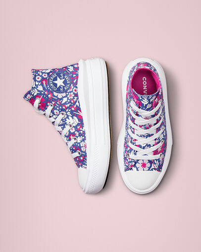 Chuck Taylor All Star Move Platform Paper Floral Washed Indigo/Pink Zest/White, Top and Side View