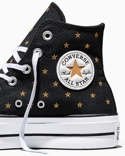 Chuck Taylor All Star Lift Platform Embroidered Stars Black/Honey Stick Brown/White, Detail Angle View