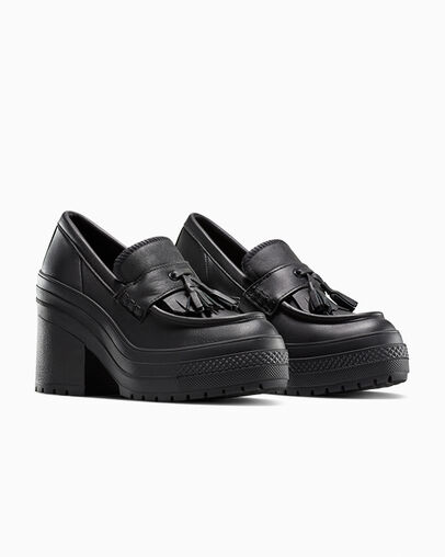 Chuck 70 De Luxe Heel Loafer Platform Leather Black/Black/Black, Top and Side View