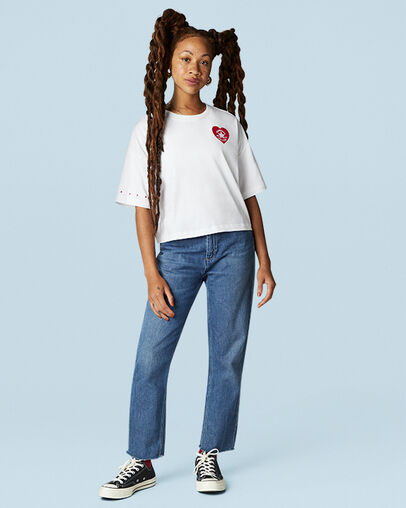 Embroidered Heart Boxy Crew Neck T-Shirt White, Full Body View