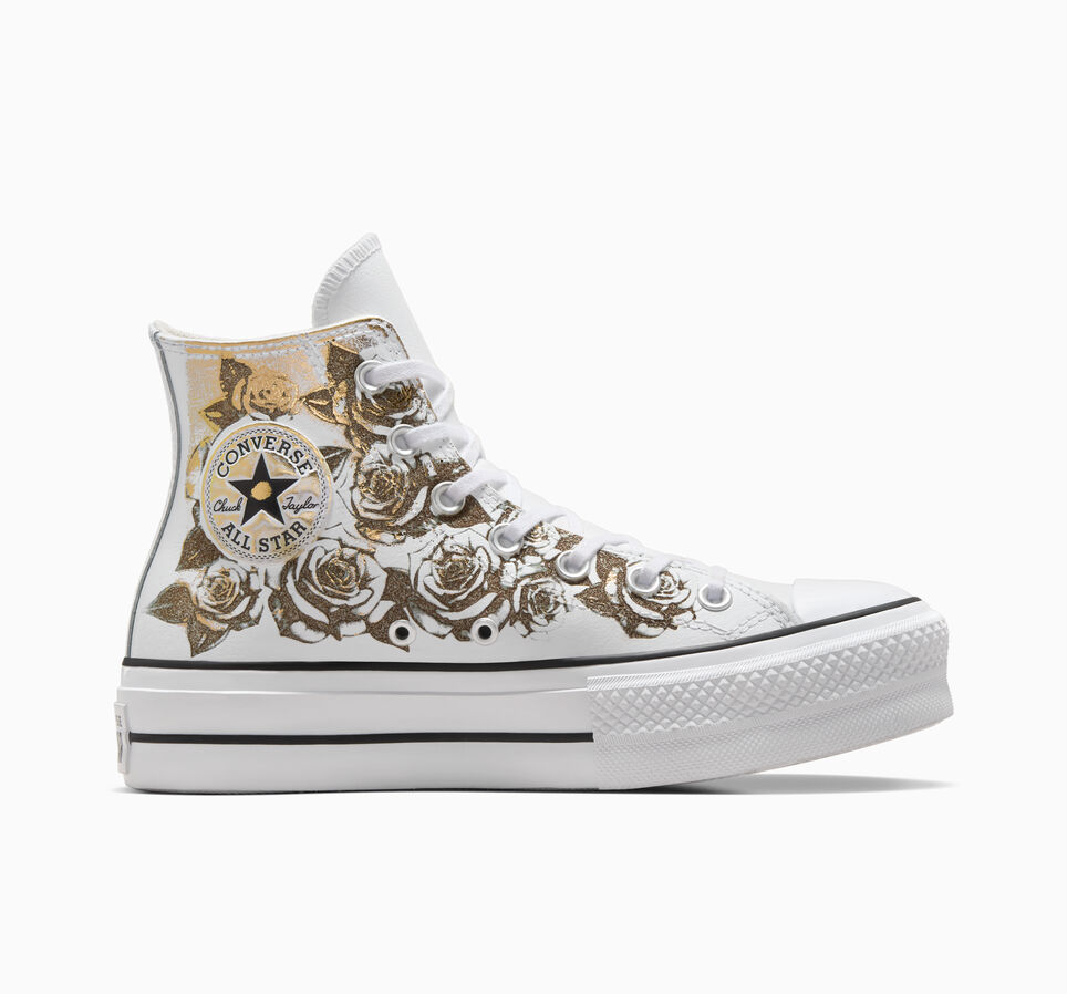 Chuck Taylor All Star Lift Platform Gold Roses & Leather Blanc et roses dor&eacute;es