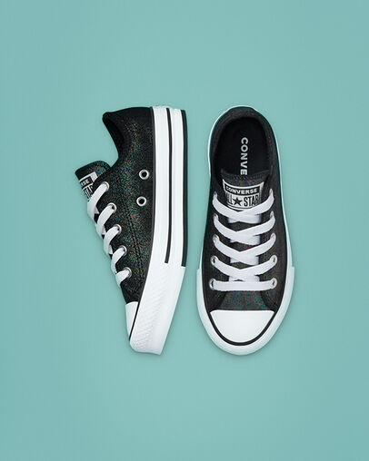 Chuck Taylor All Star Lift Platform Iridescent Leather Black/Black/White, Top and Side View