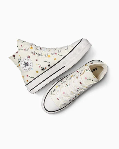 Chuck Taylor All Star Lift Platform Floral Embroidery Egret/Vintage White/Black, Angled View