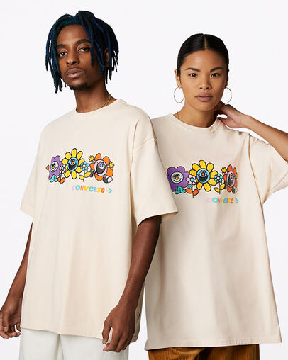 T-shirt ample &agrave; motif Stay Smiling Ivoire naturel, Front View