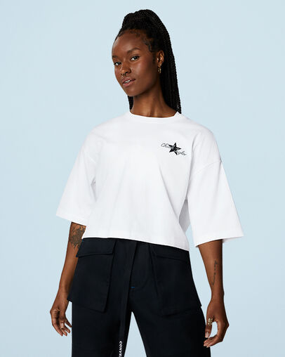 Chuck Inspired Hybrid Flower Oversized Cropped T-Shirt Wei&szlig;, Front View