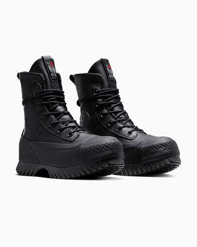 Chuck Taylor All Star Lugged 2.0 XHi Waterproof Leather Platform Negro/Negro/Piel de tibur&oacute;n, Top and Side View