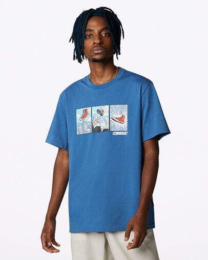 T-Shirt mit Comic-Grafik Dark Marina Blue, Front View