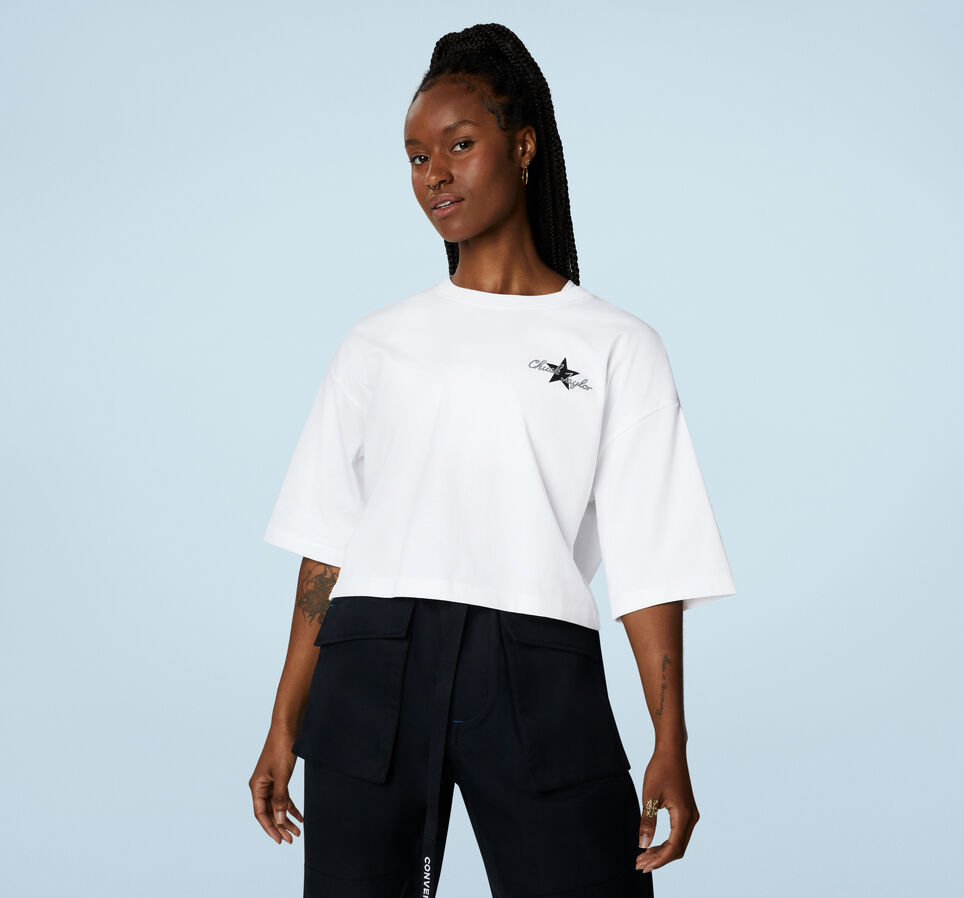 Chuck Inspired Hybrid Flower Oversized Cropped T-Shirt Wei&szlig;