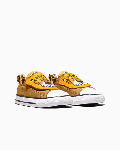 Chuck Taylor All Star One Strap Leopards Easy-On Honey Stick Brown/Gold Palm/White, Top and Side View