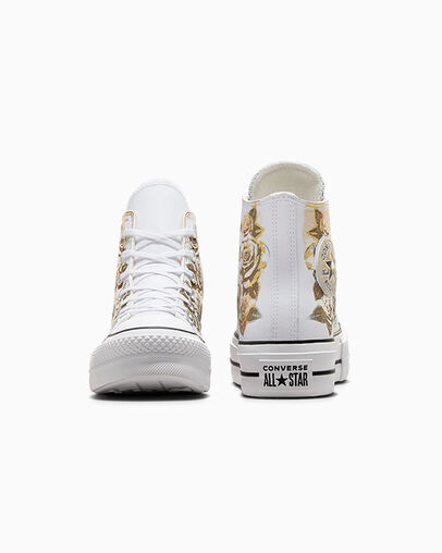 Chuck Taylor All Star Lift Platform Gold Roses & Leather Blanc et roses dor&eacute;es, Heel View