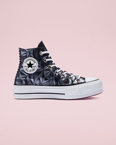 Chuck Taylor All Star Platform Metal Leather Piel de color negro cristal 3D, Outer Side View